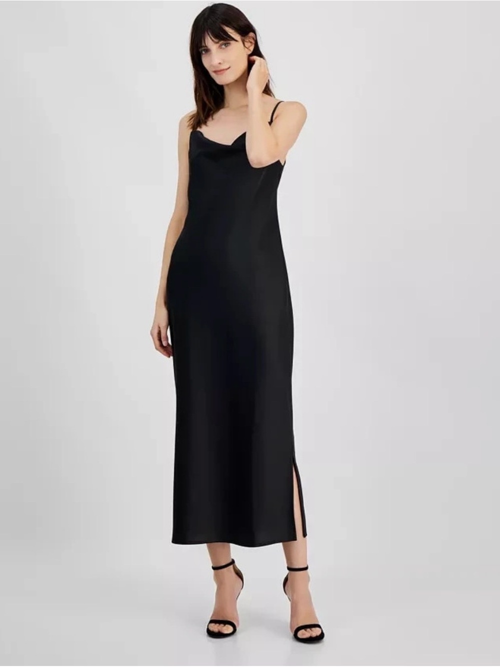 Anne Klein Women's Cowlneck Side-Slit Slip Dres Black Size 0
